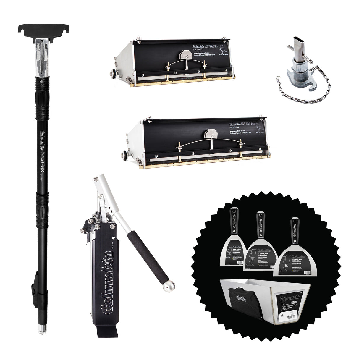 Automatic taping set including a box handle, mud pump, box filler, 10-inch and 12-inch finishing boxes, and bonus stainless steel joint knives and mud pan