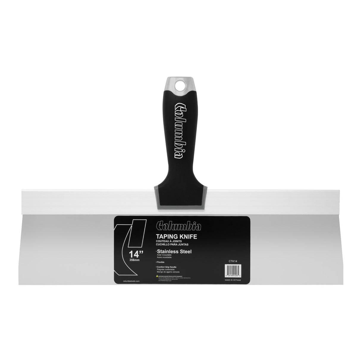 14-inch Columbia taping knife with stainless steel blade and black rubber grip handle