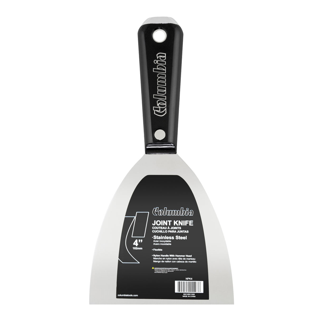 4-inch Columbia Joint Knife with stainless steel blade and black nylon handle with steel hammer head