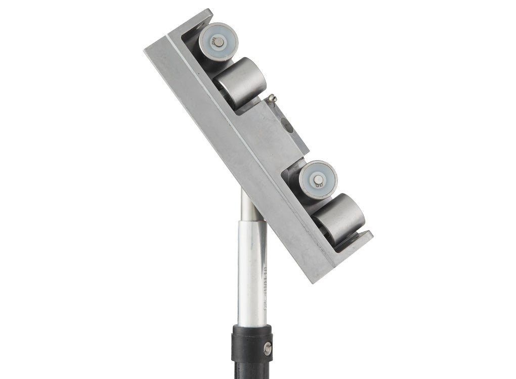 TapeTech 15TTE Inside Corner Roller with grey body and stainless steel wheels attached to a handle, side view