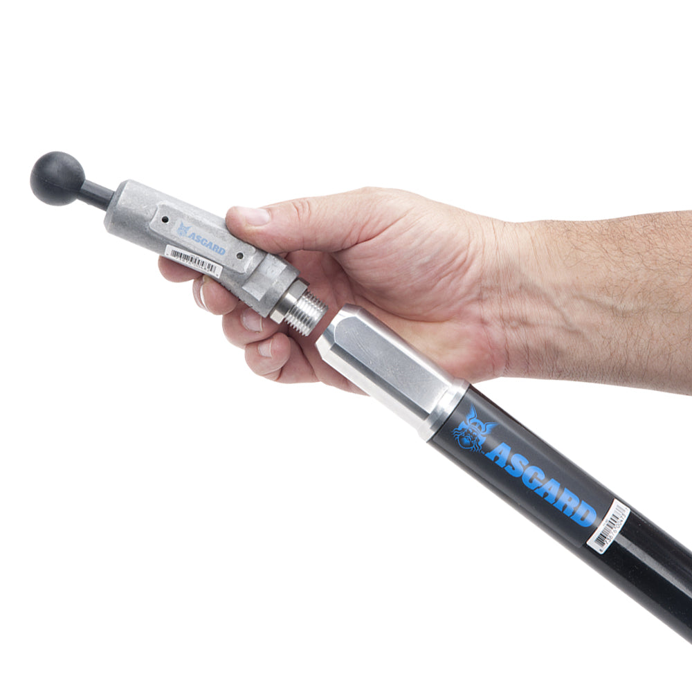 Hand attaching a grey Asgard Angle Head Adaptor with black ball bearing to black Asgard extension pole