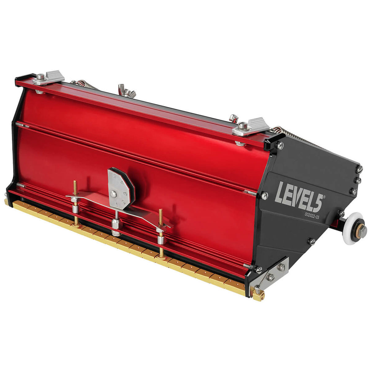 10-inch Level 5 MEGA Flat Box with red aluminum housing, black side panels, brass blade holder, and white rubber wheels, right side