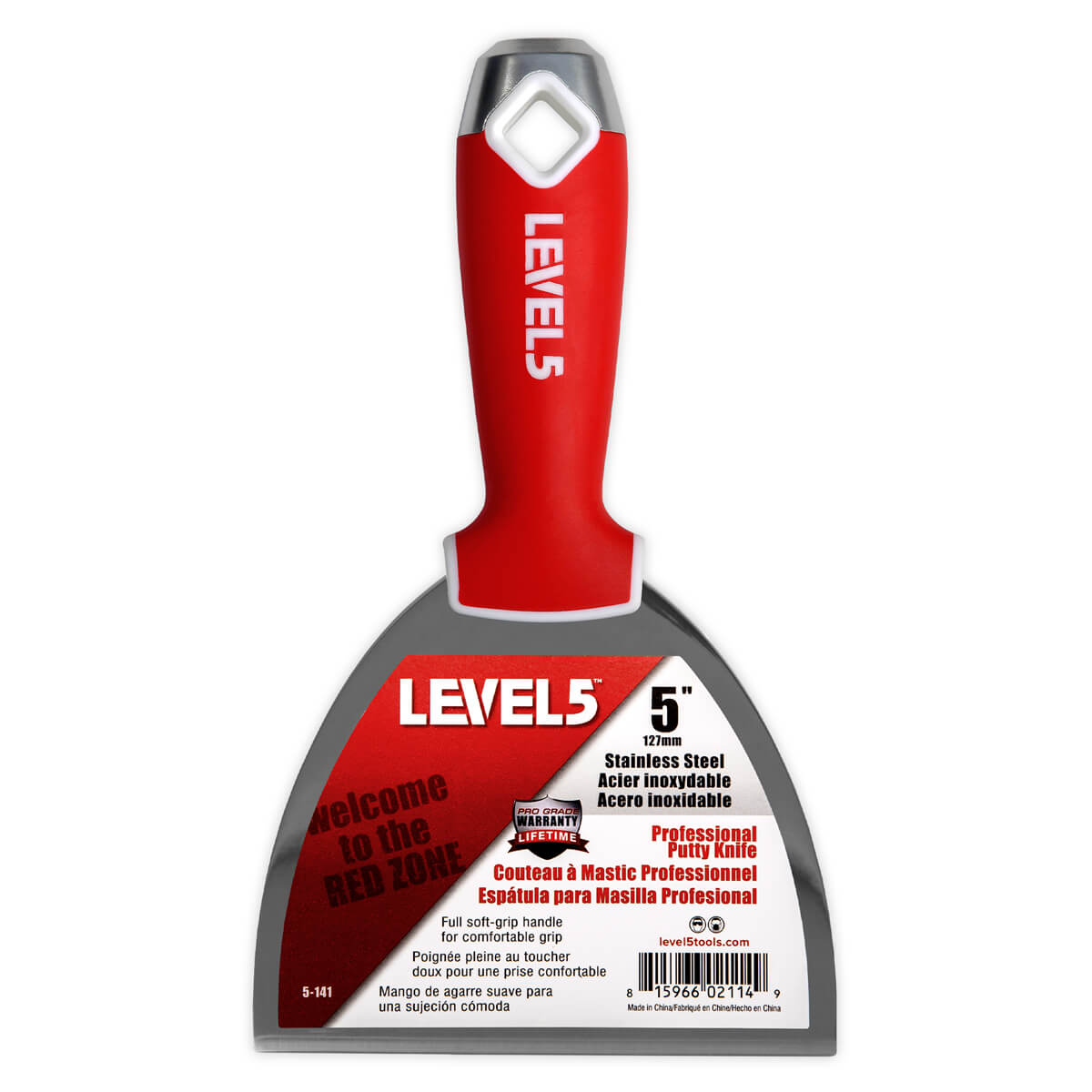 5-inch Level 5 Stainless Steel Joint Knife with steel blade, red soft-grip handle, metal hammer end, and hang hole