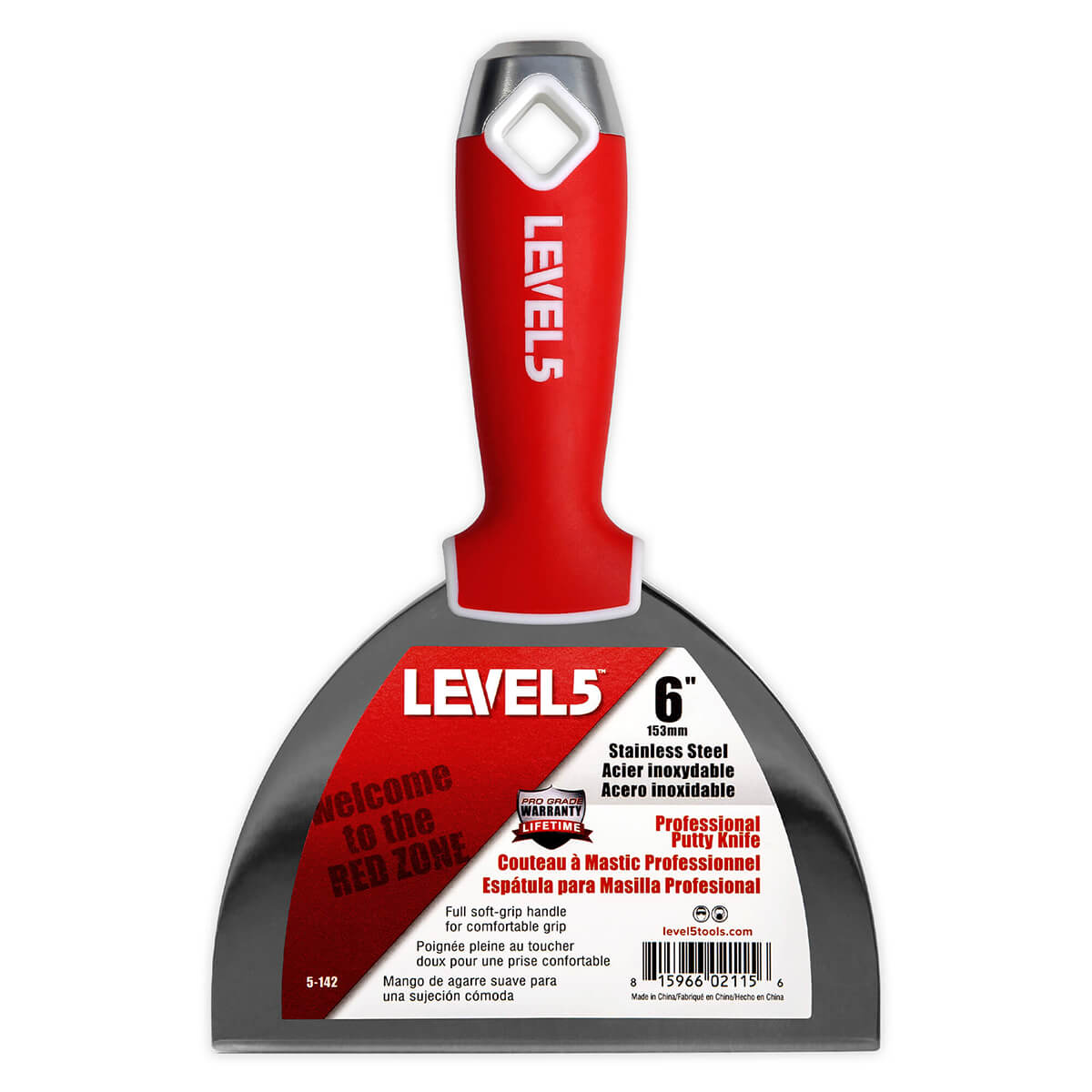 7-inch Level 5 Stainless Steel Joint Knife with steel blade, red soft-grip handle, metal hammer end, and hang hole