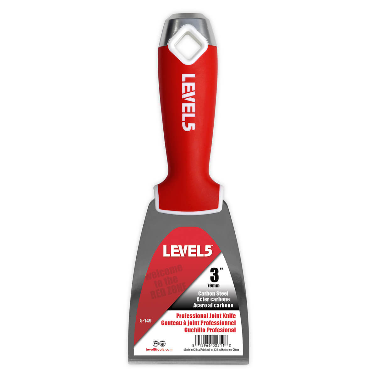 3-inch Level 5 Carbon Steel Joint Knife with carbon steel blade, red soft-grip handle, metal hammer end, and hang hole
