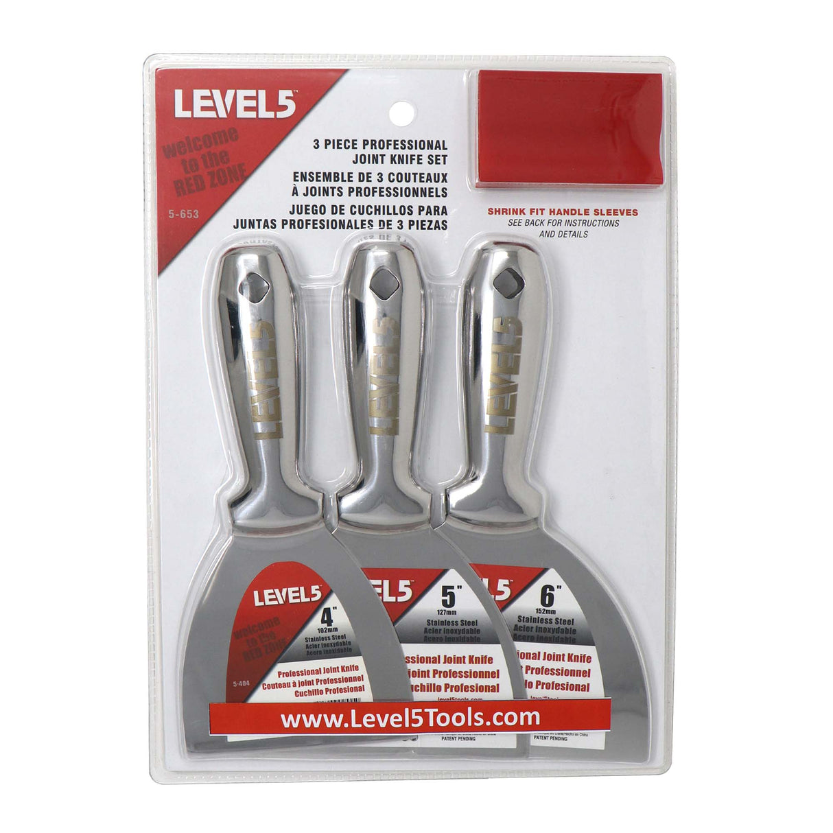 Level 5 hand tool set including 4-inch, 5-inch, and 6-inch joint knives with stainless steel blades and red-soft grip handles