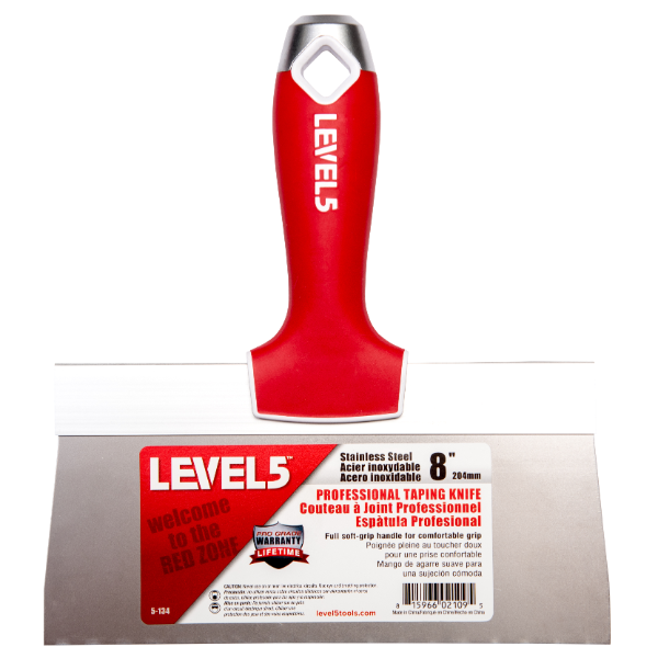 8-inch Level 5 Stainless Steel Taping Knife with steel blade, red soft-grip handle, metal hammer end, and hang hole