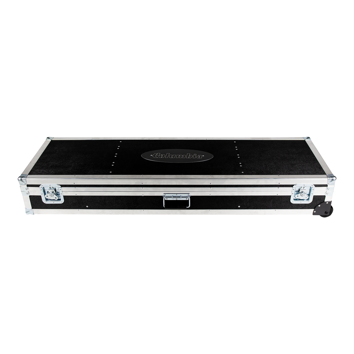 Top view of a closed Columbia Roadcase with a white Columbia logo on the lid, gunmetal grey trim and latches, and black rolling wheels