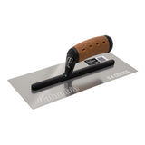 12-inch Columbia Curved Blade Stainless Steel Finishing Trowel with rounded corners, silver stainless steel blade, black aluminum bar, and cork handle