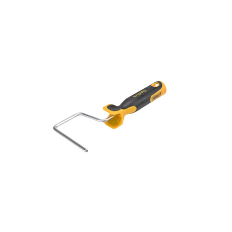 4-inch TapeTech Compound Roller Frame with a steel shaft and grey and yellow molded comfort-grip handle, quarter view