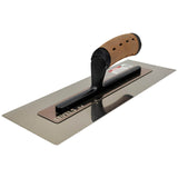 14-inch Level 5 Flat Flex Finishing Trowel with stainless steel blade, black powder coated handle mount, and non-slip leather composite grips