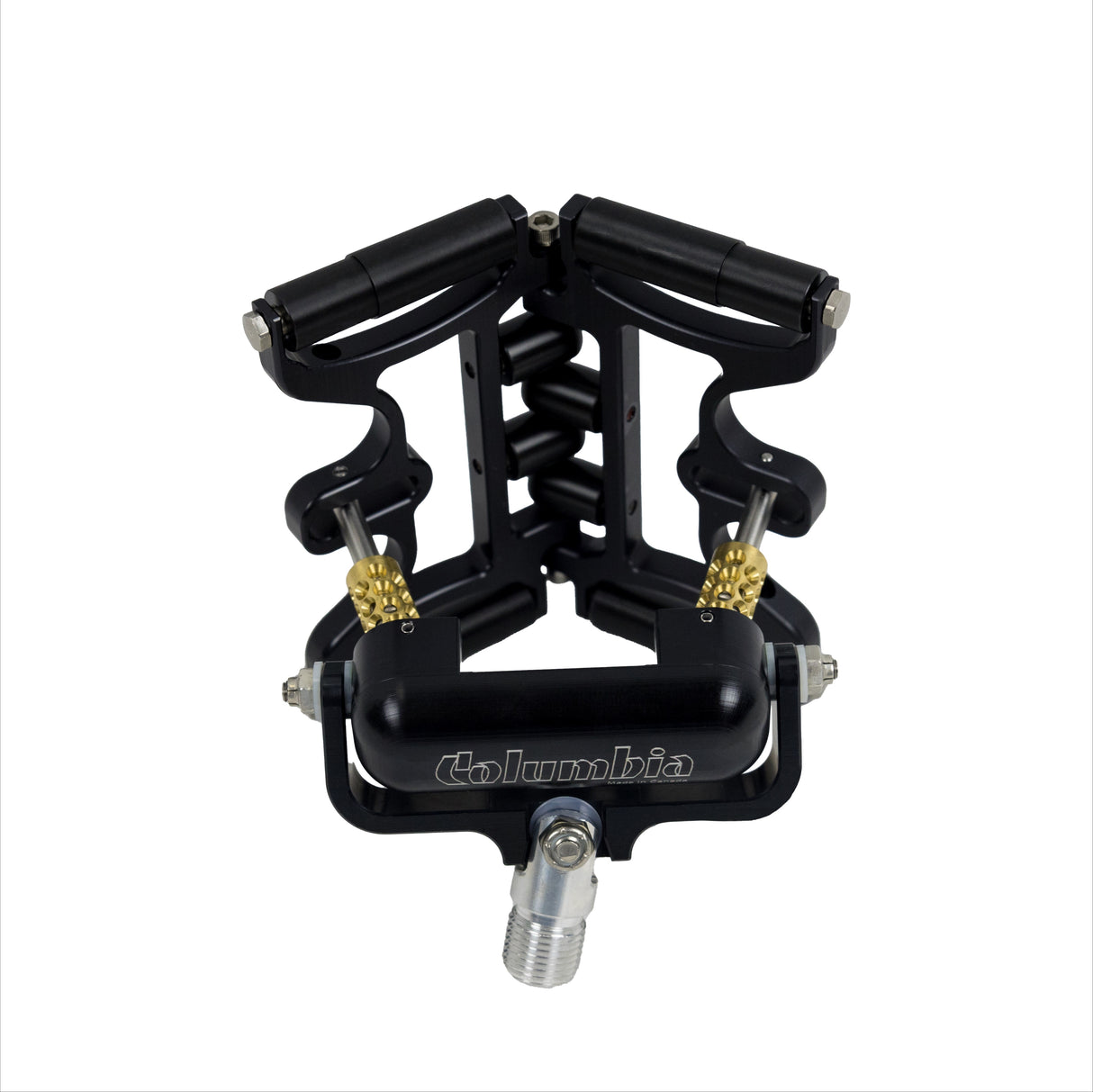 Black Columbia Corner Cobra made from billet aluminum and steel components with a black finish, back view