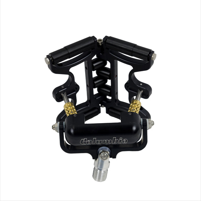 Black Columbia Corner Cobra made from billet aluminum and steel components with a black finish, back view