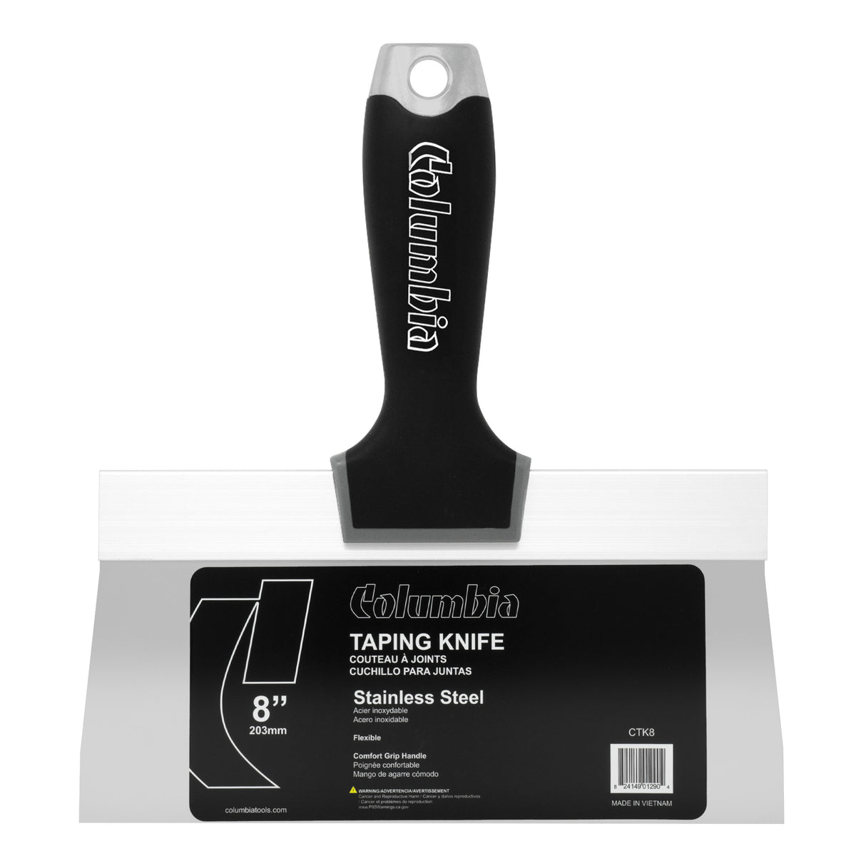 8-inch Columbia taping knife with stainless steel blade and black rubber grip handle