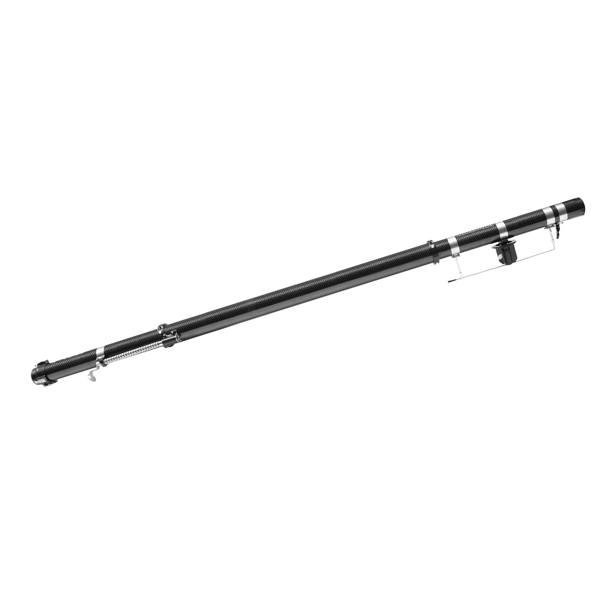Black carbon fiber Columbia One Tall Boy Predator Automatic Taper body with stainless steel side plates and cable drum, side view