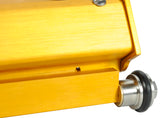 Close-up of a TapeTech Power Assist MAXXBOX Flat Box stainless steel wheel with a rubber tire