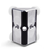 Columbia Two Way Internal Corner Applicator made from solid aluminum billet with black finishing details and 4 white Delrin wheels, front view