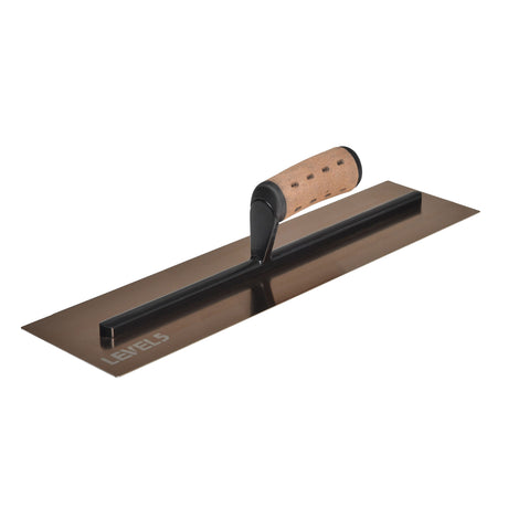 18-inch Level 5 Triple Hardened Rigid Flat Golden Trowel with stainless steel blade, black handle mount, and non-slip leather composite grips