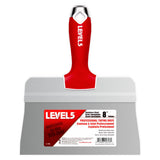 8-inch Level 5 Stainless Steel Big Back Taping Knife with steel blade, red soft-grip handle, metal hammer end, and hang hole