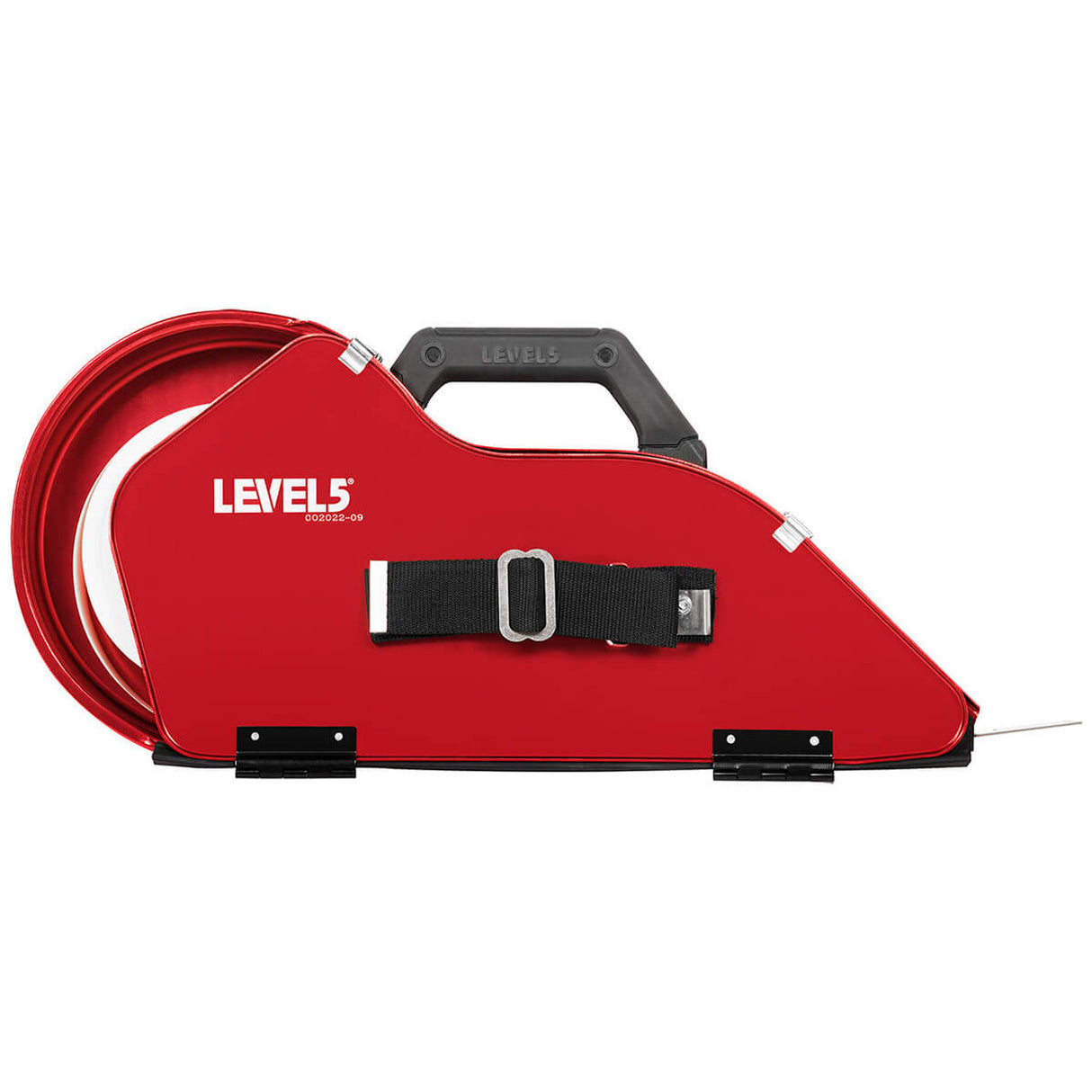 Level 5 Semi-Automatic Drywall Banjo with red aluminum body, black adjustable hand strap, latches, and soft-grip top handle