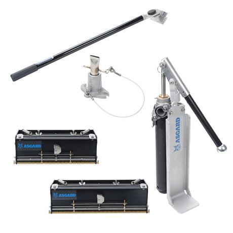 Set including Asgard box handle, 10-inch and 12-inch finishing box, loading pump, and box filler