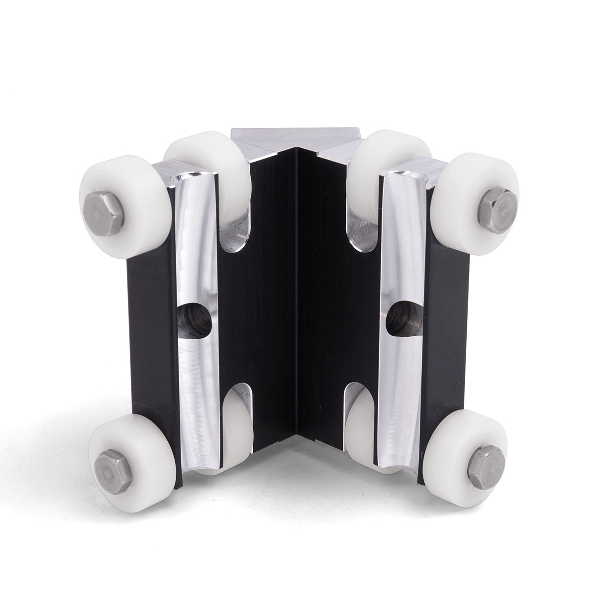 90-degree Columbia External Applicator made from billet aluminum with a black finish and 8 white plastic wheels, front view