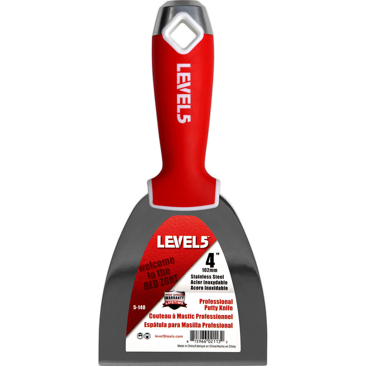 4-inch Level 5 Stainless Steel Joint Knife with steel blade, red soft-grip handle, metal hammer end, and hang hole