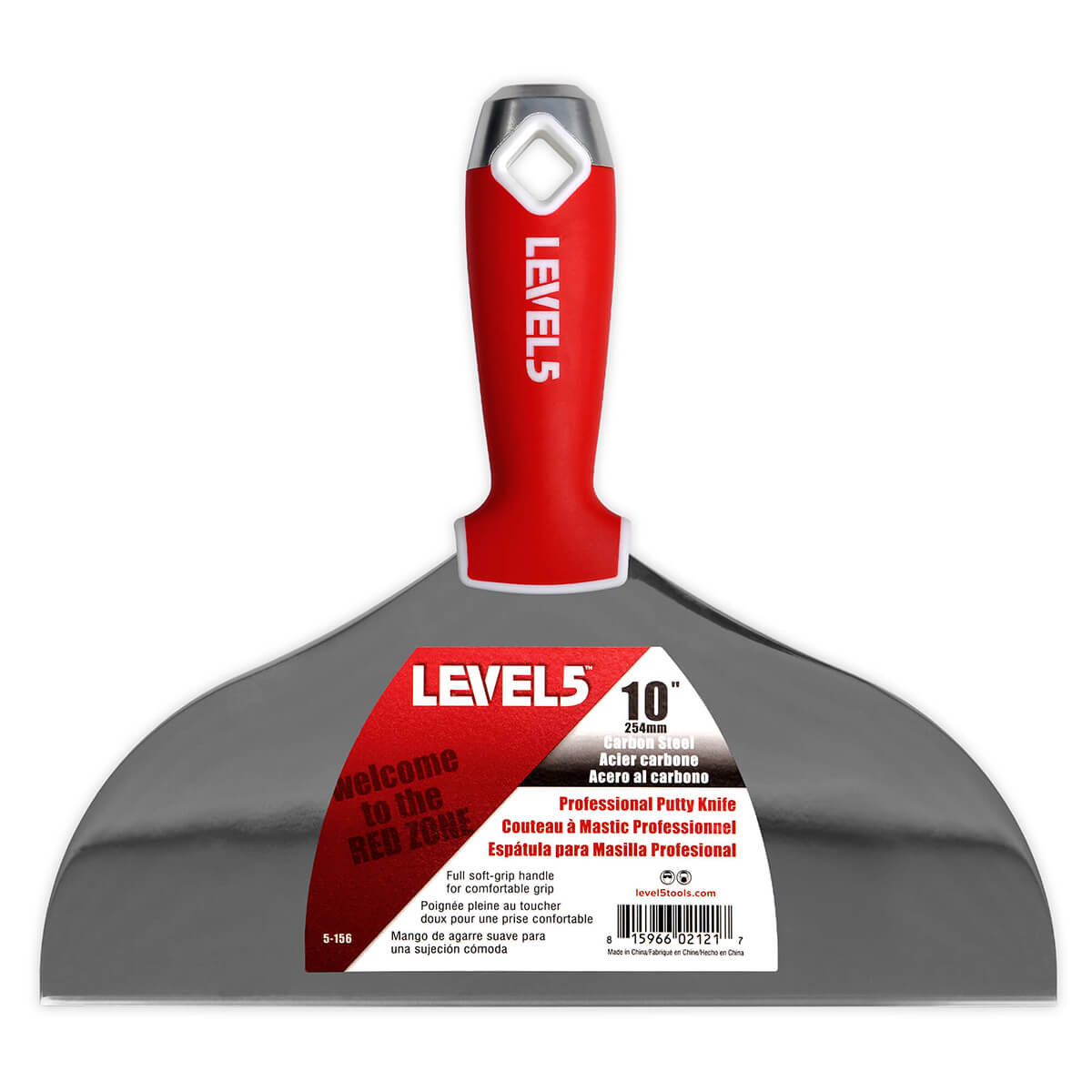 10-inch Level 5 Carbon Steel Joint Knife with carbon steel blade, red soft-grip handle, metal hammer end, and hang hole