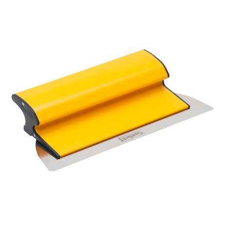 12-inch TapeTech Premium Finishing Knife with yellow composite frame, grey end caps, and stainless steel blade, quarter view