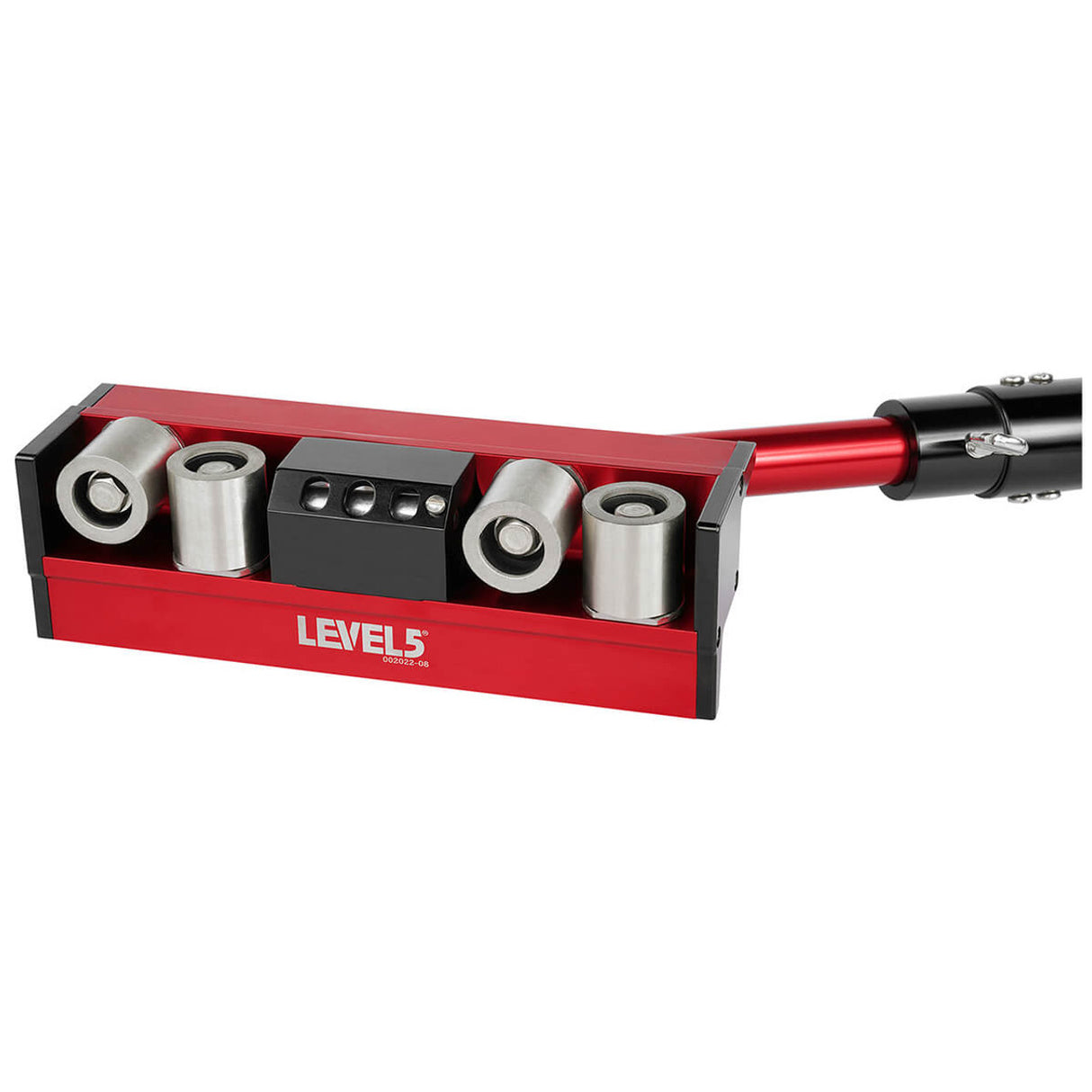 Level 5 Corner Roller with red aluminum body and black side plates attached to a red Level 5 Corner Roller Handle, front view